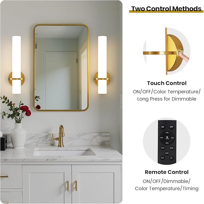 AIJIASI Battery Operated Gold Wall Sconces - 15 Inch Modern Sconce Wall Lighting 3000K-6000K Dimmable LED Wall Sconces Set of Two, Indoor Bathroom Sconce for Living Room Bedroom Hallway Stairway