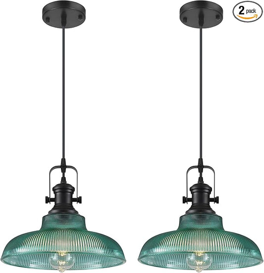 Green Glass Pendant Lights Kitchen Island, 12in, Ribbed Glass Kitchen Pendant Lights Fixture, Farmhouse Pendant Lighting for Dining Room Bedroom Bar Sink, 2 Pack
