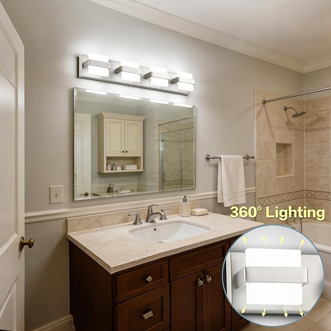 SOLFART Brushed Nickel Bathroom Light Fixtures, 4 Lights Bathroom Vanity Light，Dimmable LED Vanity Lights Nickel Vanity Lighting