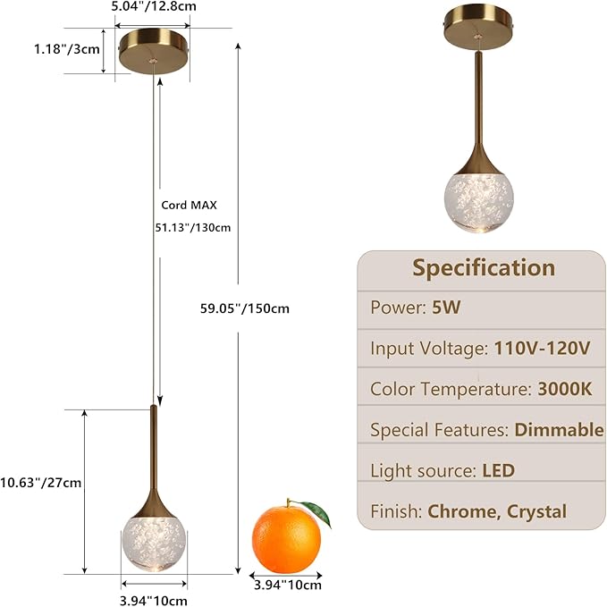 Brushed Brass Crystal Pendant Lights, Globe Bubble Crystal Ceiling Hanging Light Fixture, Dimmable LED Light Fixture for Kitchen Island Dining Room Bar Bedroom, 3000K