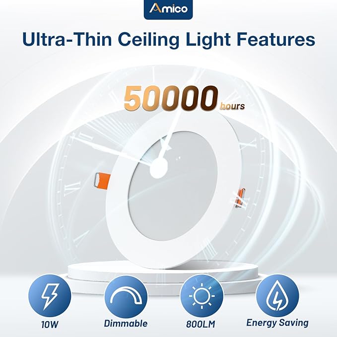 Amico 36 Pack 4 Inch 5CCT Ultra-Thin LED Recessed Ceiling Light with Metal Junction Box, 2700K/-5000K Selectable, 10W Eqv 60W, 800 LM, Dimmable High Brightness Downlight - ETL&FCC