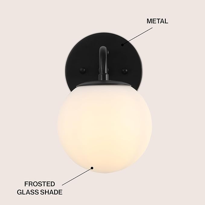 JONATHAN Y 5.75" Black 1-Light Modern Globe Wall Sconce Vanity Light for Bathroom, White Frosted Glass Shade, Midcentury Parisian Bistro Wall Lamp, LED Bulb Included (JYL3534B)