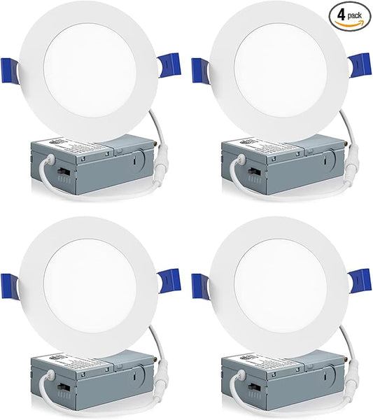 Meconard 4 Pack 4 Inch LED Recessed Ceiling Light with Junction Box, 2700K/3000K/3500K/4000K/5000K Selectable, 9W=75W 750LM, Dimmable Canless Downlights, ETL and Energy Star Listed