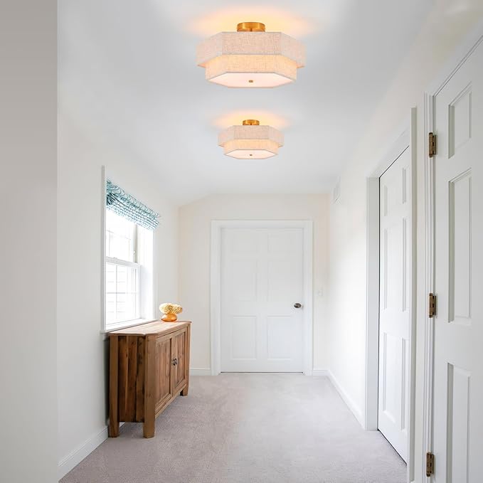 Modern Semi Flush Mount Ceiling Light 18" Modern Gold Drum Ceiling Lighting Fixture with Linen Shade Vintage Ceiling Lamp for Living Room, Bedroom, Kitchen, Dining Room, Hallway, and Entryway