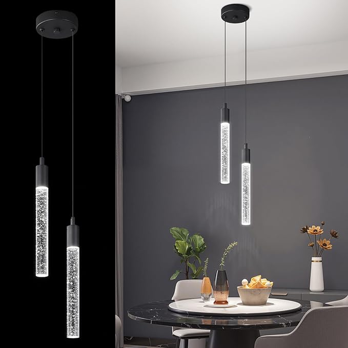 Modern Light Fixture Kitchen Island Pendant Light Dimmable LED Black Pendant Lights Mini Crystal Pendant Lighting for Bedroom Dining Room Living Room（2-Light ）