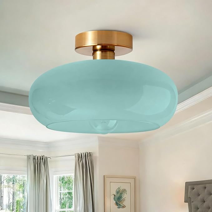 Blue Ceiling Light 1-Lamp Glass Flush Mount Ceiling Light Fixtures Milk Glass Shade Mid Century Flush Mount Lights Gold Brass Copper Close to Lighting for Hallway Entrance