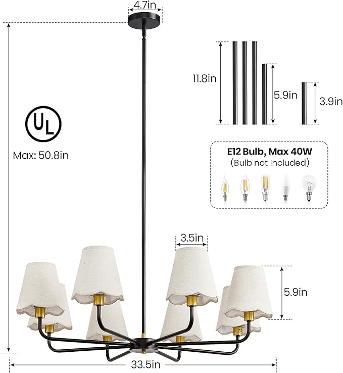 KAISITE Modern Black and Gold Chandelier 8-Light Farmhouse Chandelier for Dining Room Industrial Dining Kitchen Light Fixture Over Table Ceiling Chandelier for Bedroom Living Room Foyer Entryway
