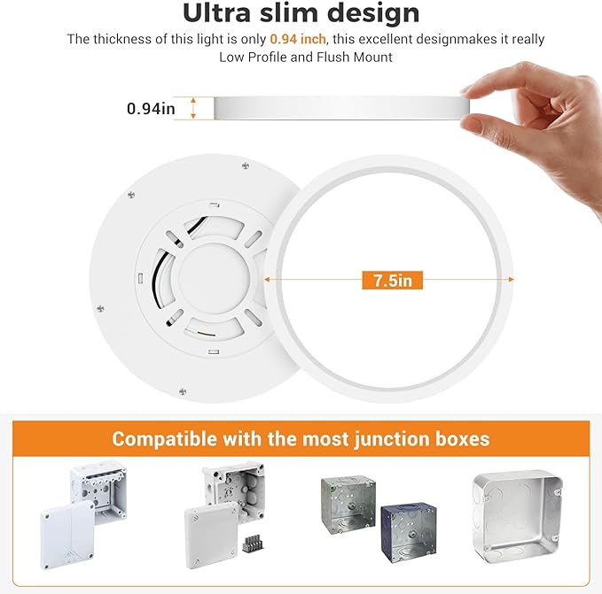 Flush Mount Ceiling Light Fixtures - 3000K-4000K-6500K & 100W Equivalent Flat Led Lights for Room Ceiling,7.5Inch Ultra Thin Round White Ceiling Lights for Living Room,Bedroom,Kitchen,Bathroom,Hallway