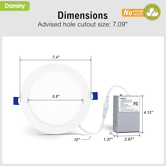 DAMINY 12 Pack 7 Inch LED Recessed Lighting with Junction Box,5CCT,Ultra-Thin Recessed Light,15W 1300LM, Dimmable Canless Wafer Ceiling Light, High Brightness