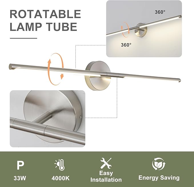 Brushed Nickel Bathroom Light Fixtures Over Mirror 43 Inch, 33W 360° Rotatable Dimmable 4000K LED Vanity Light Bar, Modern Bathroom Vanity Lights Above Mirror