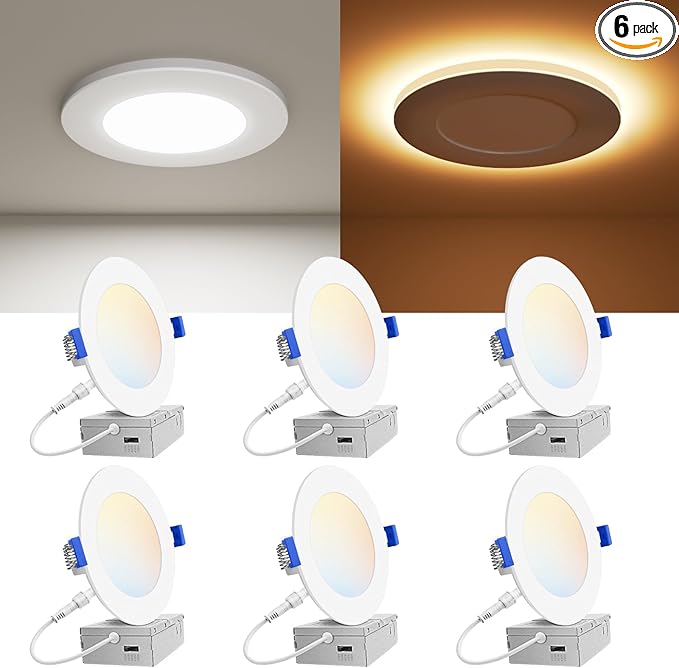 VOLISUN 6 Pack 4 Inch 5CCT Recessed Light with Night Light,Canless LED Recessed Lighting 4 inch,2700K-5000K Selectable,9.5W=80W,810LM Dimmable Recessed Ceiling Wafer Light,ETL Certificated