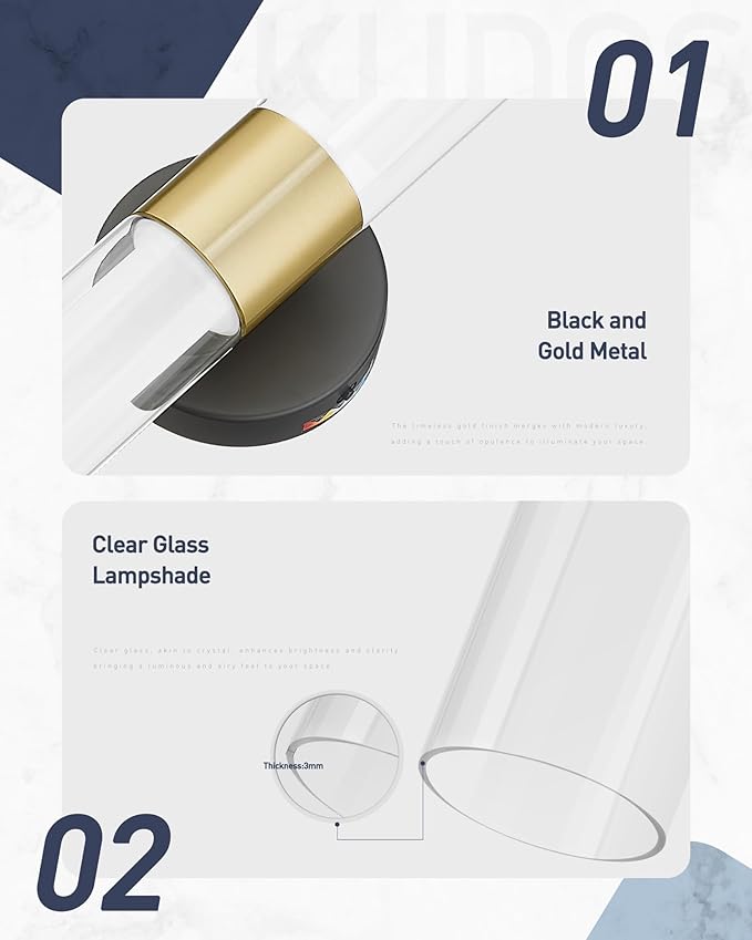 kudos Black and Gold Bathroom Sconces Wall Lighting, Bathroom Vanity Light, Modern Wall Lights with Clear Glass and Frosted Glass for Bathroom Bedroom Hallway, KDVL06-BG-2
