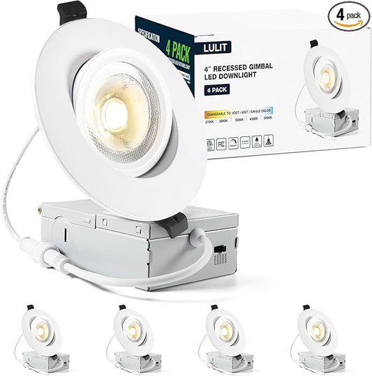 4 Pack White 4-inch 5 CCT Gimbal LED Recessed/Downlight Color Selectable 2700K/3000K/3500K/4000K/5000K 800Lm 9W 120V Dimness Adjustable LED Lights