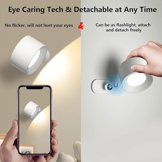 AKSDA Battery Operated Wall Light, LED Lamp with 360 Adjustable Lighting Indoor, 3 Color Modes, 3 Brightness Levels, Touch Control, Mounted for Bedroom, Reading, Bedside - 1 Pack, White