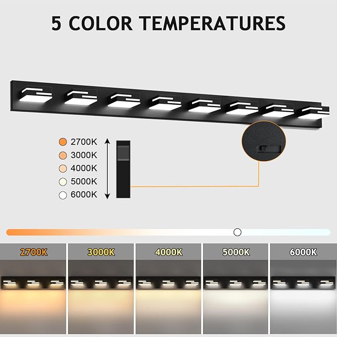 LED Modern Bathroom Vanity Light Fixtures 8-Light 55-inch 5CCT Dimmable Matte Black Vanity Lights for Bathroom Lighting Fixtures Over Mirror, with 360° Rotatable Acrylic Heads