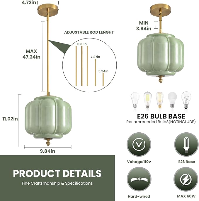 Vintage Green Glass Pendant Lights 9.8 Inch Mid Century Modern Hanging Ceiling Light, Adjustable Height Kitchen Island Hanging Lights for Dining Room, Kitchen, Hallway and Bedroom, E26 Base