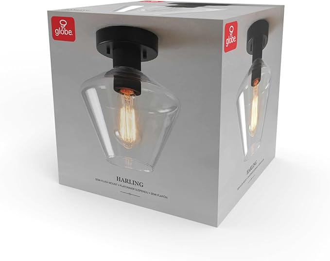 Globe Electric Harling 1-Light Semi-Flush Mount Ceiling Light, Matte Black, Clear Glass Shade, Diamond Knurl Texture on Socket, Home Improvement, Dining Room, Kitchen