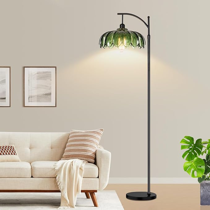 QIYIZM Gold Floor Lamp for Living Room,Bedroom,Standing Lamp with Remote Dimmable Brass Tall Lamp Vintage Retro Mid Century Modern Floor Lamps Arc Green Glass Flower Lamp Floor Light Boho Bohemian
