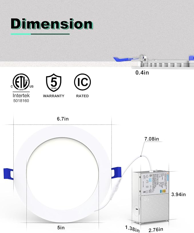 VOLISUN 12 Pack 6 Inch 5CCT Recessed Light with Night Light,Canless LED Recessed Lighting 6 inch,2700K-5000K Selectable,12W=130W,1080LM Dimmable Recessed Ceiling Wafer Lighs,ETL Certificated