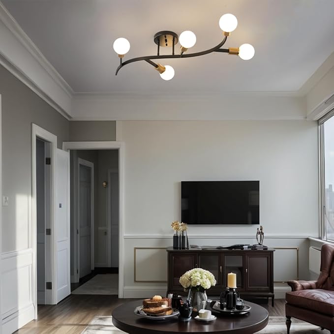 Black and Gold Modern Sputnik Ceiling Light Fixture 5-Lights,Mid Centur Minimalist Semi Flush Mount sputnik Chandelier for Living Room,Dining Room,Bedroom,Hallway,Kitchen(Bulbs Not Included)