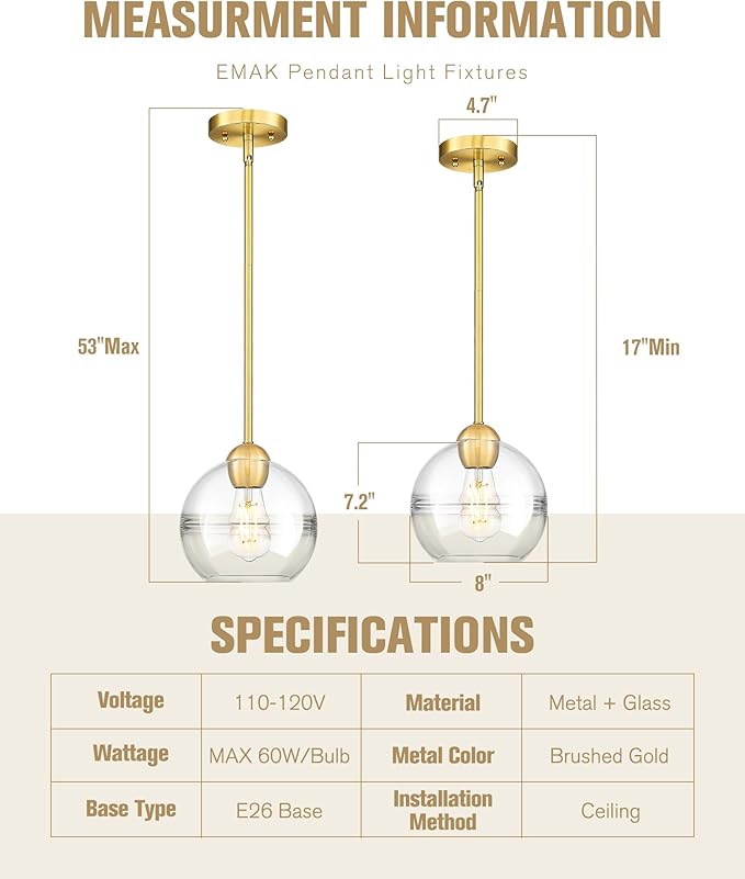 Emak 8 Inch Globe Pendant Lights Kitchen Island, Brushed Gold Pendant Light Fixtures with Clear Glass Shade, Modern Island Lights for Kitchen, Dining Room, Bathroom, PL121-BGD-AG