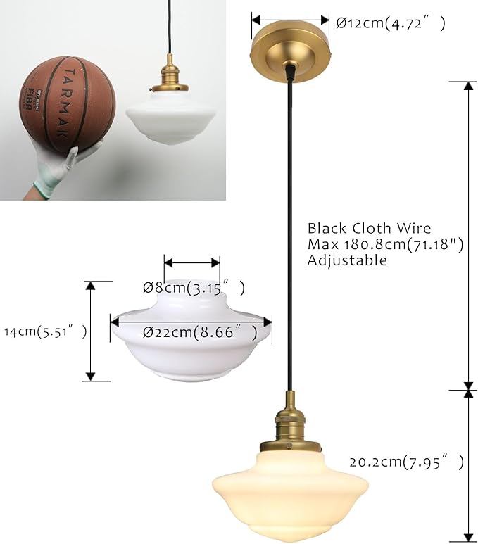 Pathson Modern Pendant Light with Milk White Glass, Vintage Ceiling Pendant Lighting Adjustable Textile Cord, Frosted Ceiling Fixture Lamp for Living Room Bedroom Kitchen Dining Room