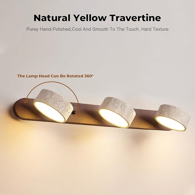 LED Natural Stone Vanity Light with 3 Travertine Stone Shades, Bathroom Vanity Light Fixture, 360° Rotatable Stone Lampshades, Modern Rustic Wall Lamp for Bedroom, Living Room, Hallway (Walnut Wood)