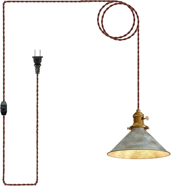Hanging Lights with Plug in Cord Antique Silver Cage Industrial Pendant Light On/Off Switches Distressed Vintage Metal Finish Hanging Lamp for Farmhouse, Loft & Cafe Lighting