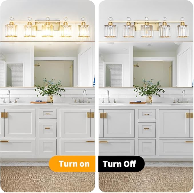 Bathroom Vanity Light Fixtures 5-lights, Gold Crystal Vanity Lights for Bath, Bathroom Lights Fixture with Clear Crystal Glass Shade, Modern Wall Light over Mirror, Wall Sconces Light for Hallway