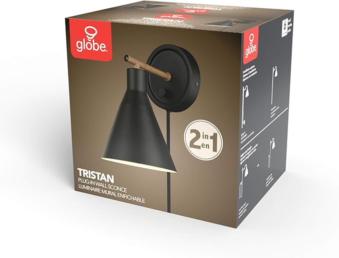 Globe Electric 51725 1-Light Dimmable Plug-in or Hardwire Wall Sconce, Matte Black, Faux Walnut Accent, Stepless Dimming Rotary Switch on Canopy, Black Fabric Cord, Bulb Not Included