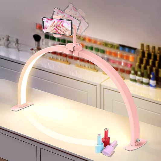 Yokilly Half Moon Light for Nail Desk: 29" Foldable Half Moon Nail Desk Lamp with Phone Holder for Beginner - Arch Tech Light with 3 Color Modes & 10 Brightness for Manicure Salon (Pink)
