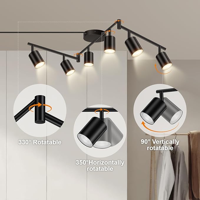 Plug in Track Lighting, LED Track Lighting Fixtures Ceiling, Black 6-Light Kitchen Light Kit, Plug in Wall Light with 14.8ft Power Cord, Rotatable Ceiling Spotlight for Bedroom(GU10 Socket, NO Bulb)