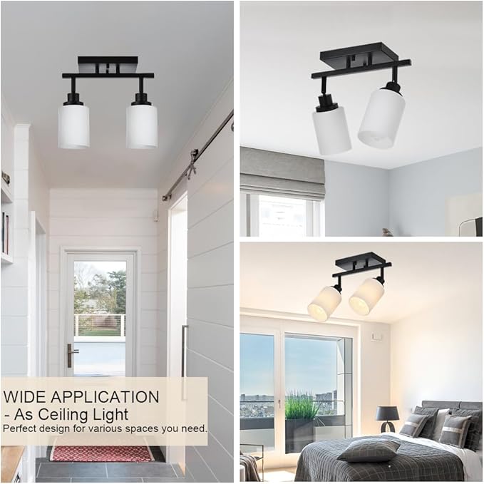 TODOLUZ Wall Sconce Track Lighting Kit, 2-Lights Wall Mounted Light Fixtures in Black Finish, Ceiling Spotlight with Opal White Glass for Bedroom Cloakroom
