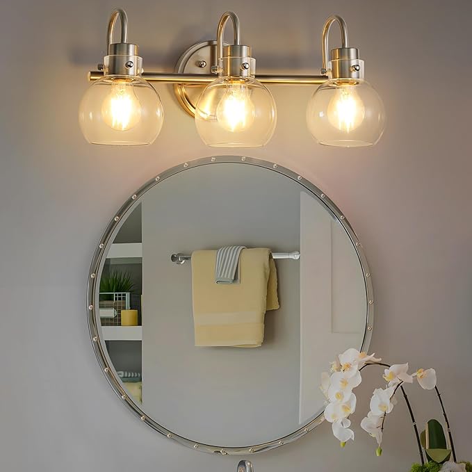 3 Lights Vanity Light, Brushed Nickel Bathroom Light Fixtures, Farmhouse Wall Sconces with Globe Clear Glass Shade, Porch Wall Mount Lamp for Mirror, Kitchen, Porch, Living Room, Workshop (E26 Base)