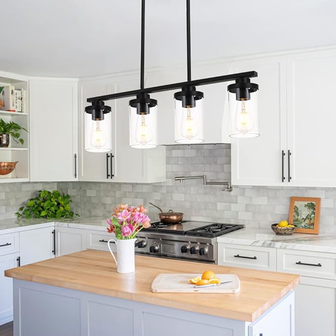 Kitchen Island Pendant Light,4-Light Dining Room Light Fixtures Over Table Vintage Black Flush Mount Ceiling Hanging Lighting with Glass Shade for Kitchen Island Dining Living Room