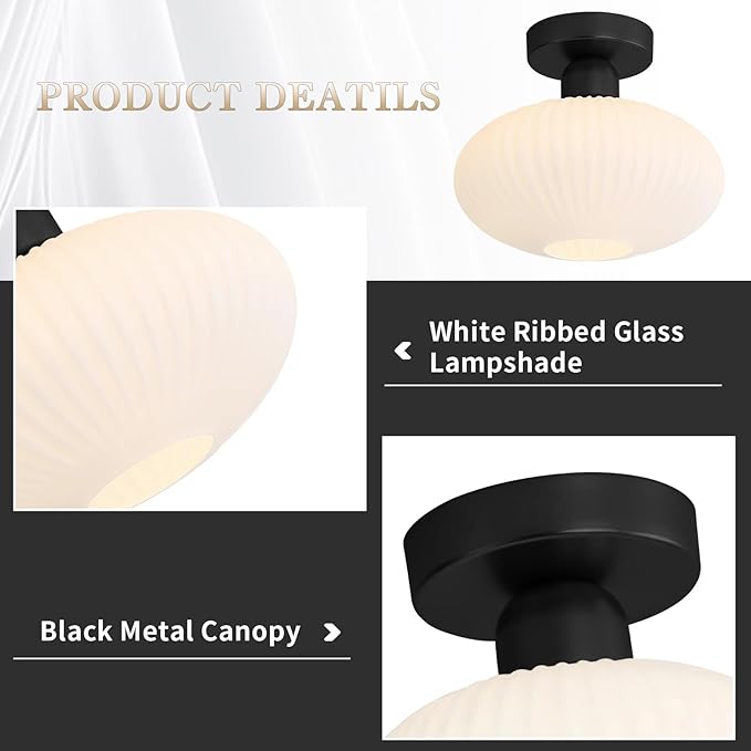 KCO Lighting Mid Century Modern Semi Flush Mount Ceiling Light Fixture Black Milk Glass Ceiling Light Large Vintage Flush Mount Ceiling Lights Hallway Kitchen Entryway