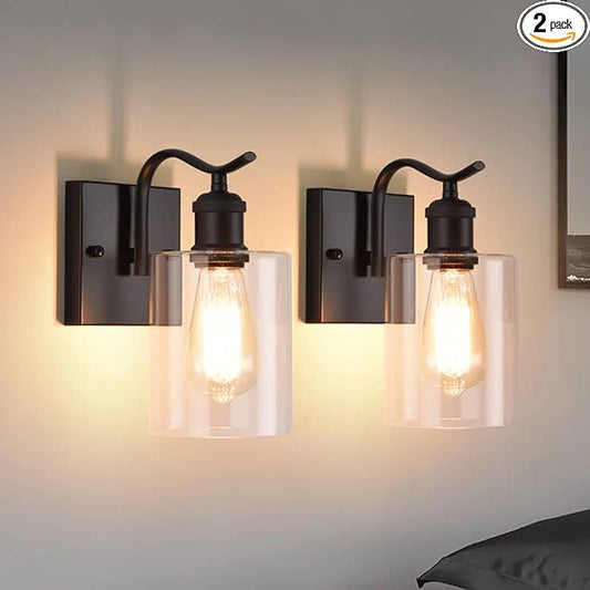HOXIYA 2 Pack Matte Black Bathroom Vanity Light, Farmhouse Industrial Modern Wall Sconce Lighting Fixtures with Clear Glass Shade for Hallway Entryway Bathroom