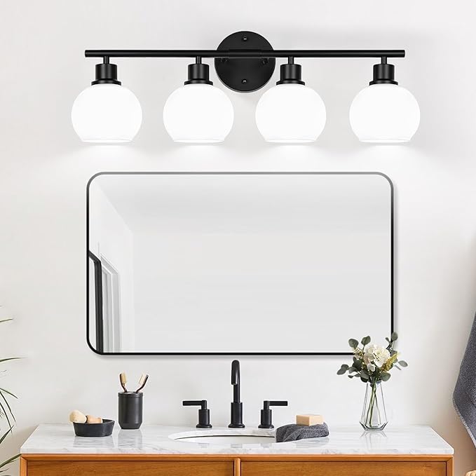 Indoi 4-Light Bathroom Light Fixtures, Black Bathroom Lights Over Mirror with Milky White Frosted Glass Globe Shade, Vanity Lights for Bathroom Kitchen Living Room Hallway Cabinet Bedroom Porch