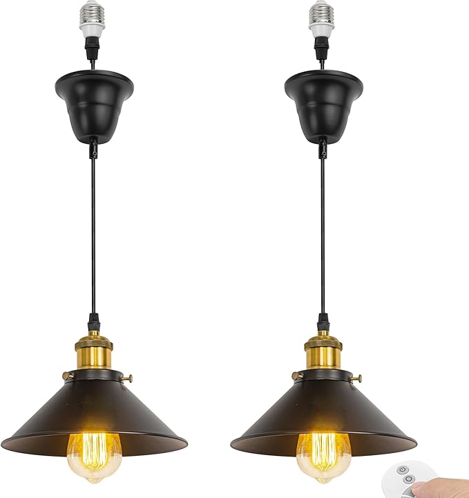 2 Pcs Ceiling Light Conversion Dimmable Pendant E26 Base Connections Metal Black Cone Shade Industrial Style Adjusted 3.2ft Wire Conversion Kit for E26 Spot Light