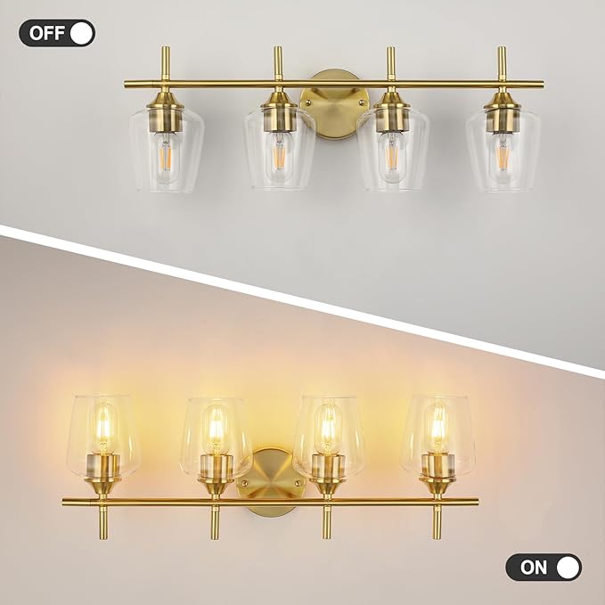 Bathroom Light Fixtures 4-Light Brushed Nickel Bathroom Vanity Light with Clear Glass Shade, Modern Wall Lights for Bedroom Hallway Living Room (Gold, 4-Light)