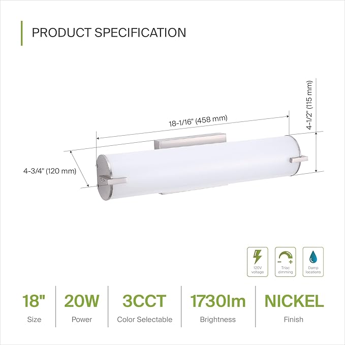 ASD LED 18" Vanity Wall Mount Light Fixture, Linear Bathroom Lighting Bar | 3CCT, Dimmable, Energy Star, ETL Listed | 20W 1500LM 3000-5000K 120V | Long Tube Bath Sconce Over Mirror | Nickel