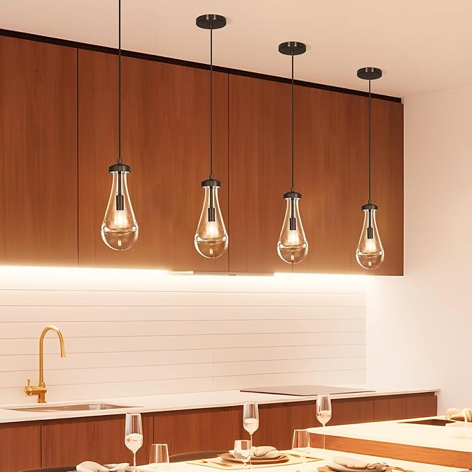 Raindrop Pendant Light Set of 2, Black 4.7-inch Clear Glass Teardrop Chandelier for Kitchen Island, Modern Pendant Lighting for Dining Room, Bedroom, Hallway, Adjustable Hanging Cord, Included Bulb
