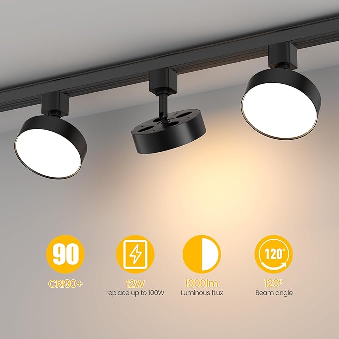 Diffuse LED Track Lighting Heads H Type Track Light Heads Dimmable Kitchen Track Lighting Fixtures Ceiling, Compatible with H Track Rails - Flicker Free CRI90+ 3000K 12W 1000lm, 1 Pack Black