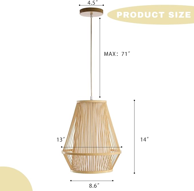 Boho Rattan Pendant Light, 12" Handwoven Bamboo Wicker Basket Shade Pendant Light Fixture, Natural Rustic Farmhouse Chandelier for Kitchen Island, Dining Room, Bedroom