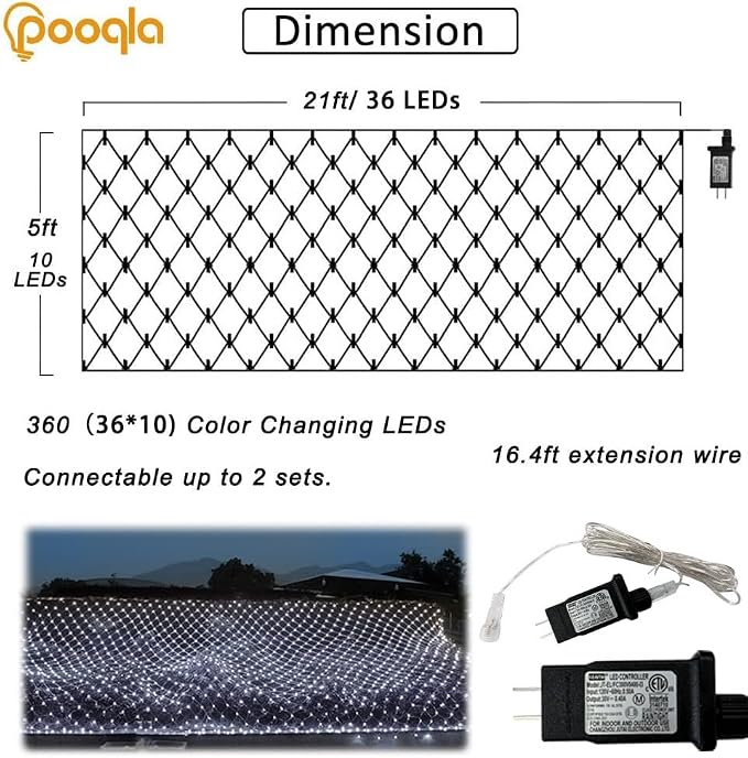 Cool White Net Lights, 360 LED Outdoor Christmas Net Mesh Lights for Bushes 21x5 ft, 8 Modes Waterproof Twinkle String Lights Connectable for Christmas Hedge Yard Garden Party Decor