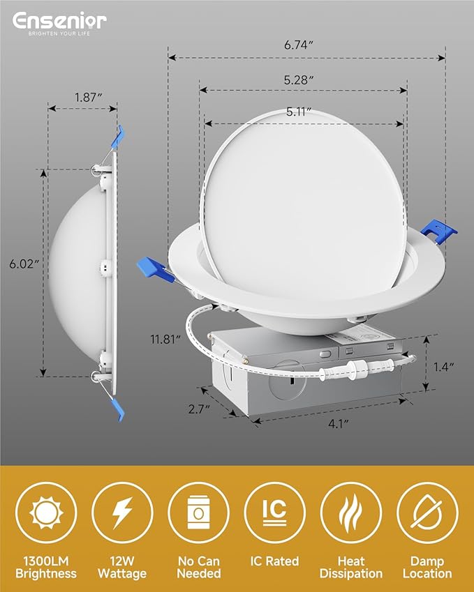 Ensenior 4 Pack 6 inch 5CCT LED Eyeball Recessed Lighting, 360°+90° Rotatable, Dimmable Gimbal Recessed Lights, CRI90+, Canless Angled Adjustable Ceiling Downlight, 1300LM, 12W=115W, 120V - ETL&FCC