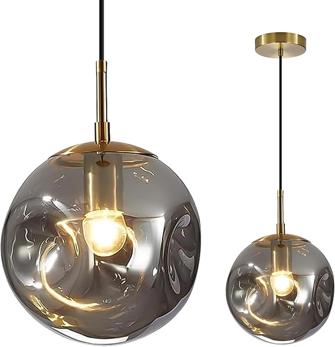 Modern Smoke Gray Concave Glass Pendant Light, Kitchen Island Lighting Single Globe Pendant Light Fixtures Century Kitchen Island Pendant Lighting for Bedroom Living Dining Room Light （Without Bulb）