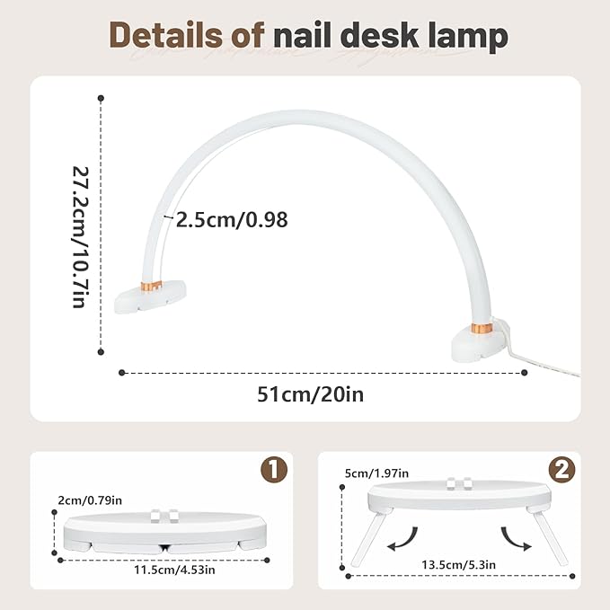 BZJ 20 inch Half Moon Light for Nail Desk Portable Nail Light with Liftable Base Desk Lamp No Flicker & Shadow for Beauty Eyelash Extensions Tattoo Crafts, 3 Color Temperature