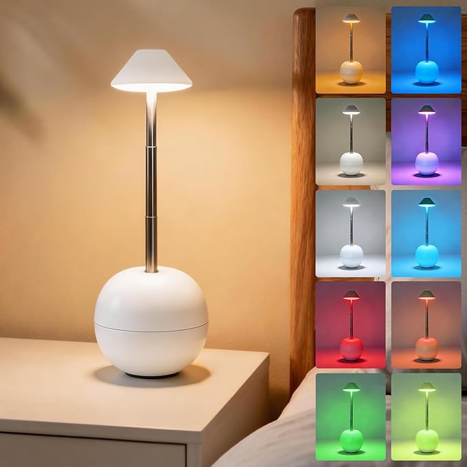 Rechargeable LED Table Light, Tumbler Cordless Table Lamp with 3 Colors & 7 RGB Stepless Dimmable Touch Control Lamps for Patio Restaurant Dining Home Bars (White)