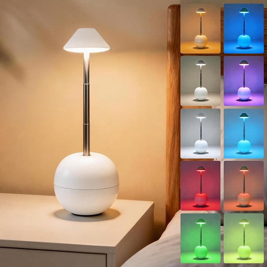 Rechargeable LED Table Light, Tumbler Cordless Table Lamp with 3 Colors & 7 RGB Stepless Dimmable Touch Control Lamps for Patio Restaurant Dining Home Bars (White)